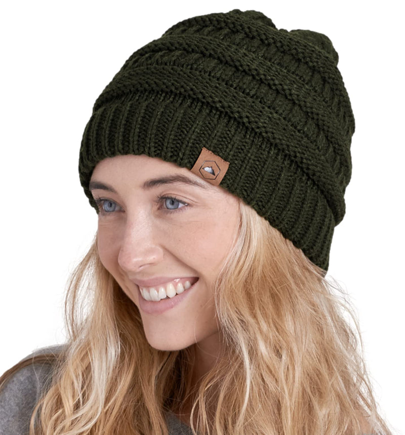 Tough Headwear Womens Beanie Winter Hat - Warm Chunky Cable Knit Hats - Soft Stretch Thick Cute Knitted Cap for Cold Weather Army Green - BeesActive Australia