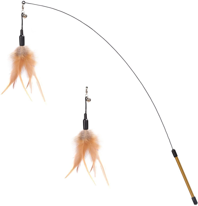 Pawaboo Feather Teaser Cat Toy, Interactive Feather Wand Cat Toy Flying Feather Cat Catcher with Extra Long 34.5" Wand and Small Bell, Fun Exerciser Playing Toy for Kitten or cat Brown - BeesActive Australia