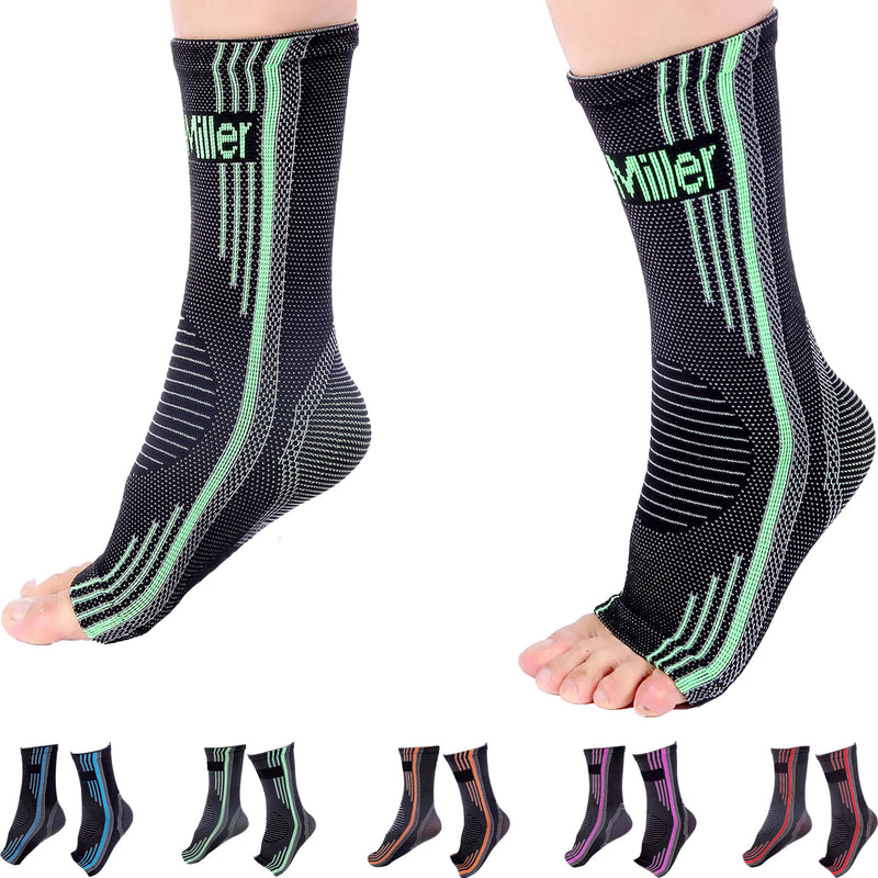 Doc Miller Ankle Compression Sleeve For Achilles Tendonitis & Plantar Fasciitis Relief, Recover Sports Injury and foot Joint Swelling - 1 Pair Large Green Color 20-30 mmHg Toeless Foot Compression Sleeve - BeesActive Australia