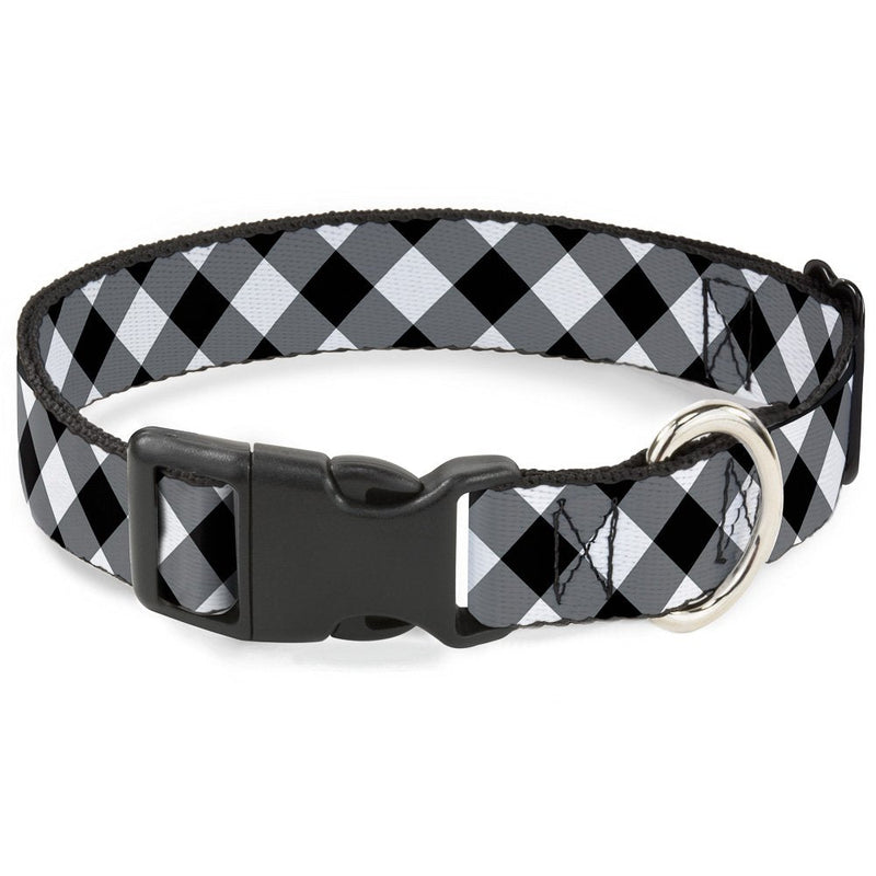 Buckle-Down Dog Collar Plastic Clip Diagonal Buffalo Plaid Black White Available in Adjustable Sizes for Small Medium Large Dogs 1" Wide - Fits 11-17" Neck - Medium - BeesActive Australia