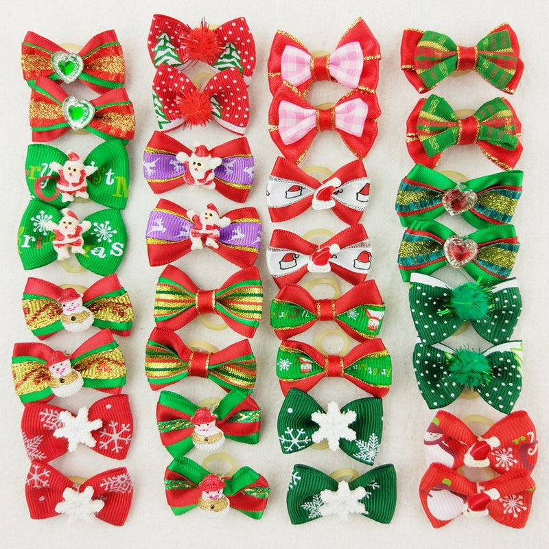 Hixixi 24pcs/12pairs Pet Dog Christmas Samll Hair Bows with Rubber Bands Xmas Cat Puppy Grooming Accessories - BeesActive Australia