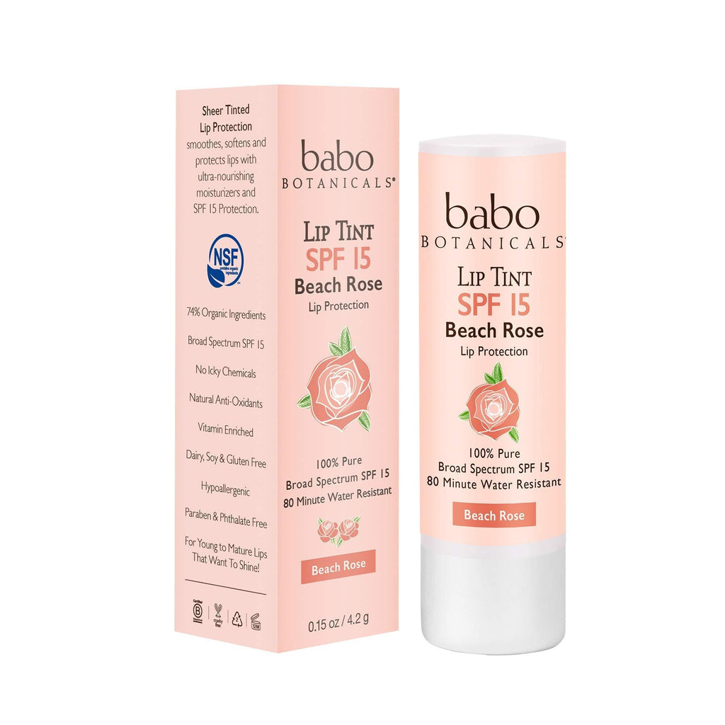 Babo Botanicals 70+% Organic Tinted Mineral Lip Conditioner SPF 15, Water-Resistant Lip Balm, Beach Rose - 0.15 oz. - BeesActive Australia
