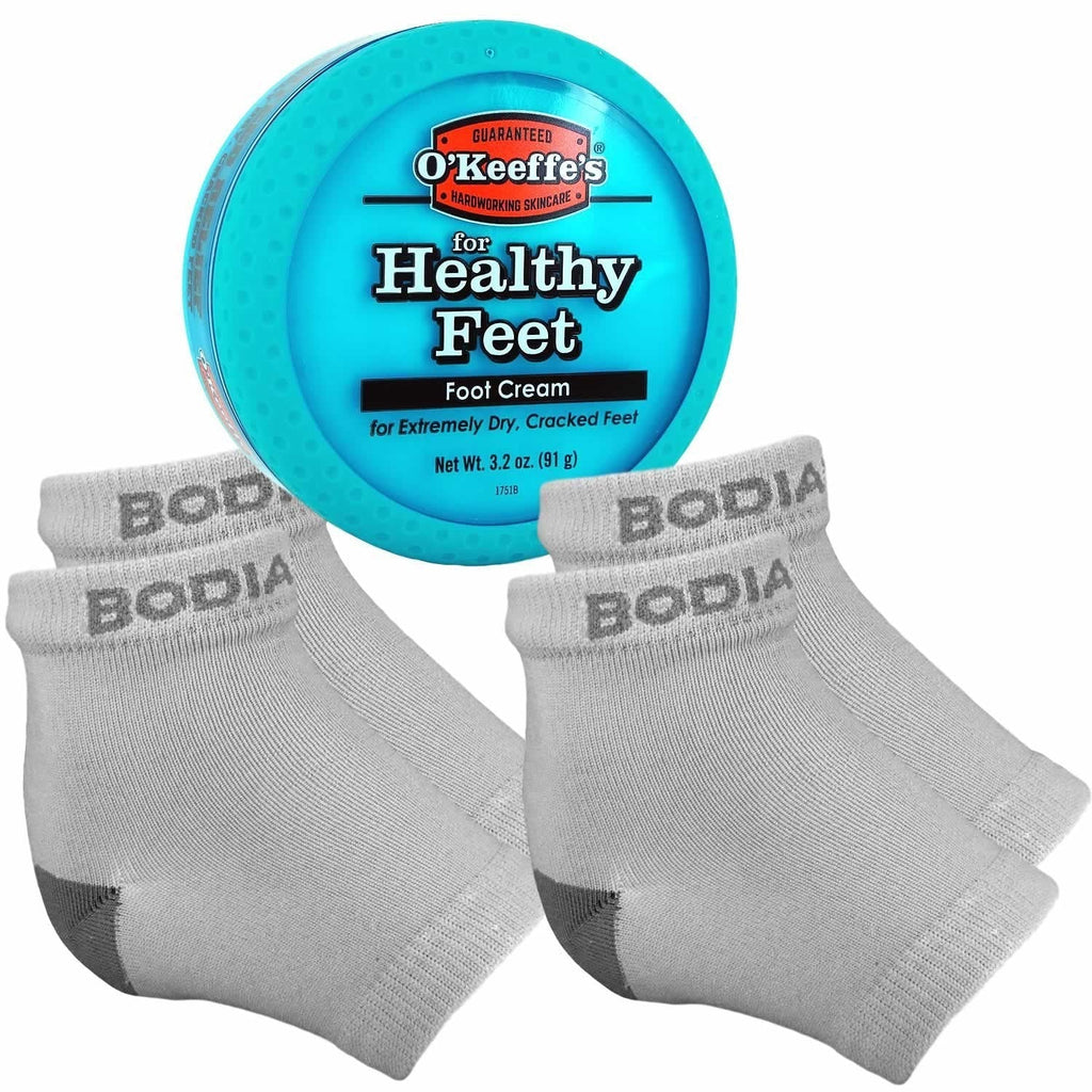 Dry Cracked Heels Repair Bundle with Open Toe Moisturizing Silicone Gel Heel Socks (2 Pairs, Gray) and O’Keeffe’s Healthy Feet Cream Jar for Home Foot Skin Care - BeesActive Australia
