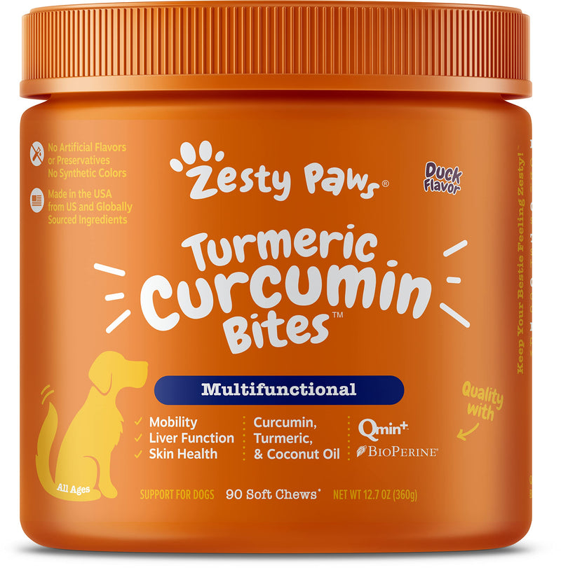Zesty Paws Turmeric Curcumin for Dogs - for Hip & Joint Mobility Supports Canine Digestive Cardiovascular & Liver Health Coconut Oil for Skin Health with 95% Curcuminoids + BioPerine Duck 90 Count - BeesActive Australia