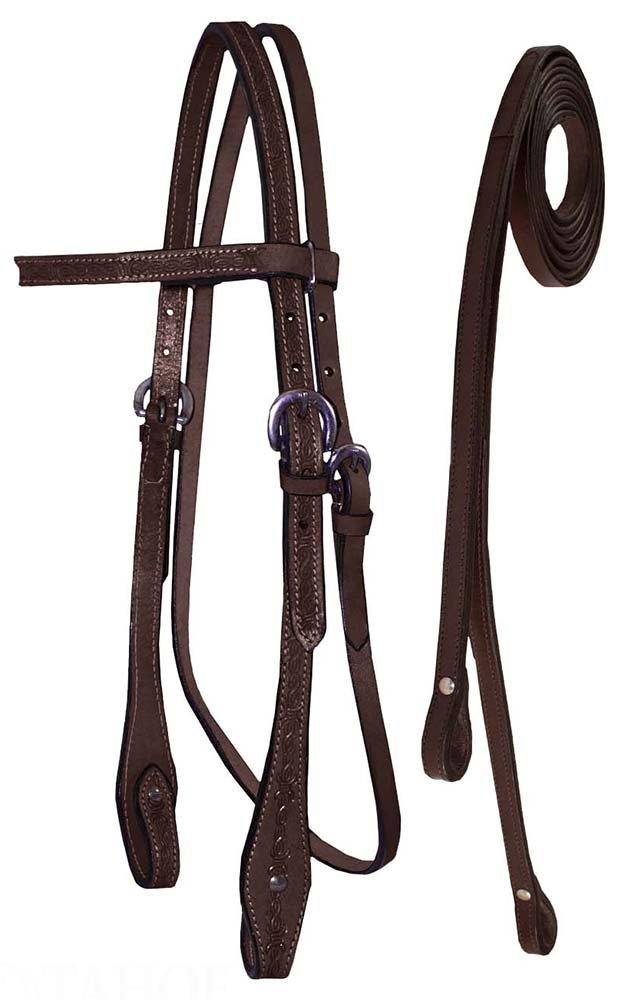 [AUSTRALIA] - Tahoe Tack Barbwire Leather Western Hand Tooled Browband Headstall with Matching Split Reins Mini Mahogany 