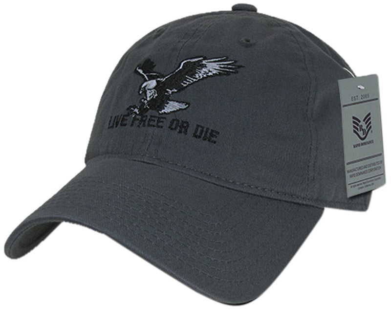 Rapiddominance Relaxed Graphic Cap with Live Free or Die, Dark Grey - BeesActive Australia