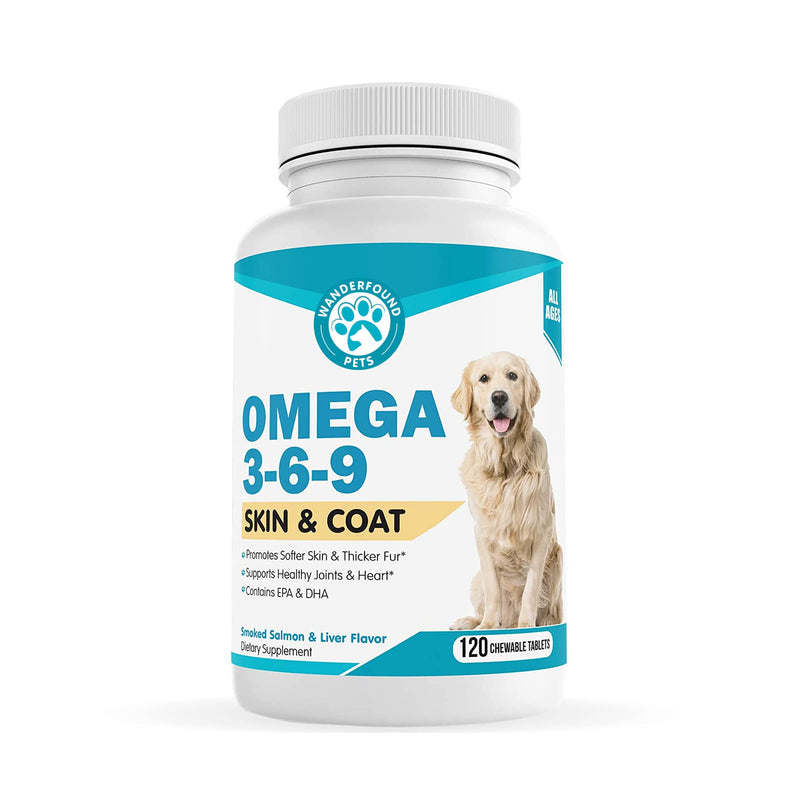 Wanderfound Pets - Omega 3-6-9 Skin and Coat Fish Oil for Dogs, Fatty Acid for Dogs’ Joint and Heart Health, Chewable Vitamins for Dogs Fur and Skin, Smoked Salmon and Liver Flavor, 120 Tablets - BeesActive Australia