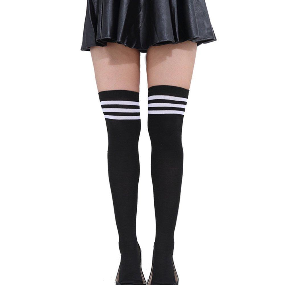[AUSTRALIA] - HugeStore Women Ladies Stripe Cotton Casual Long Socks Over Knee Socks Thigh Knee High Stockings Black White 