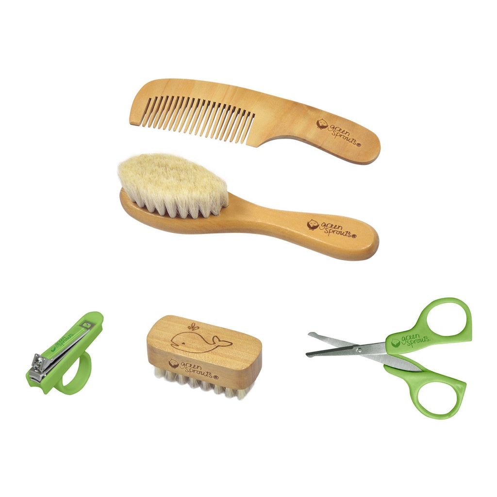 green sprouts Hair & Nail Care Set | Brush made of natural wood & soft bristles for comfort |Stainless steel scissors, cutting edge, rounded tip for safety |Easy-grip nail clippers, safety handle - BeesActive Australia