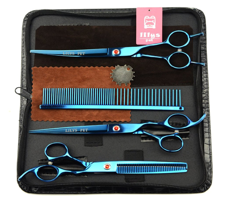 LILYS PET 8.0" Professional PET Grooming scissors Kit,CoatedTitanium,Sharp and Strong Stainless Steel Blade for Dogs Cats Hair Cutting,3 Pieces of Scissors with a Comb and a Case (Blue) - BeesActive Australia