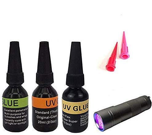 Riverruns UV Clear Glue Three Formula Thick,Thin and Super Flew +12 LED UV Power Light Fly Tying for Building Flies Flies Heads Bodies and Wings Tack Free UV glue combo - BeesActive Australia