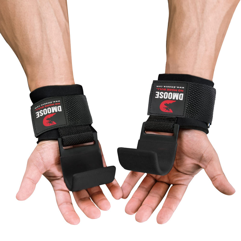DMoose Weight Lifting Hooks (Pair), Hand Grip Support Wrist Straps for Men and Women, 8 mm Thick Padded Neoprene, Deadlift, Powerlifting, Pull up bar, Liftups, Shrugs Black (Flat Hook) - BeesActive Australia