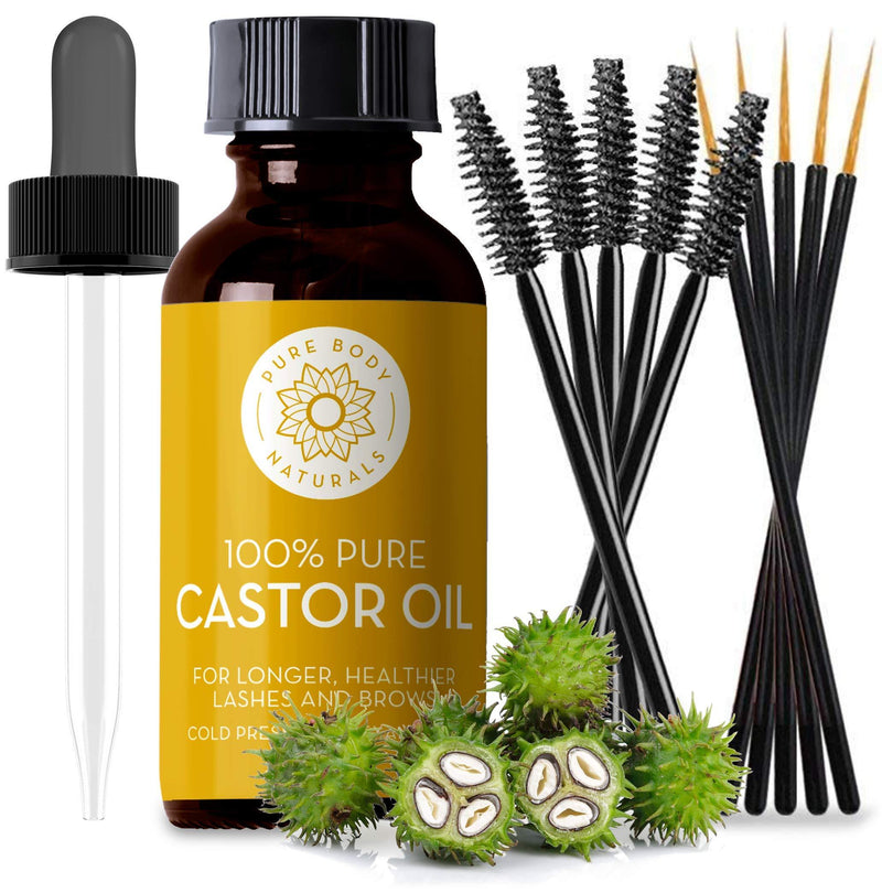 Organic Castor Oil for Eyelashes and Eyebrows with Applicator Kit, Lash & Brow Growth Serum by Pure Body Naturals, 1 Ounce - Label Varies - BeesActive Australia