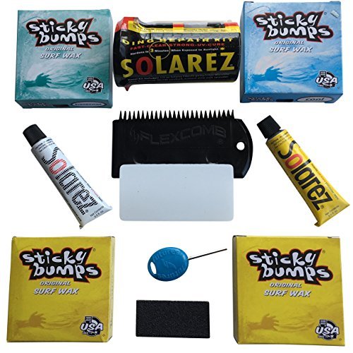 Sticky Bumps Wax plus Solarez UV Cure Resin Ding Repair Kit and 2 Bars of Tropical Wax, 1 Bar Base Coat, 1 Bar Cool Wax and a Flexcomb to Clean Your Board - BeesActive Australia