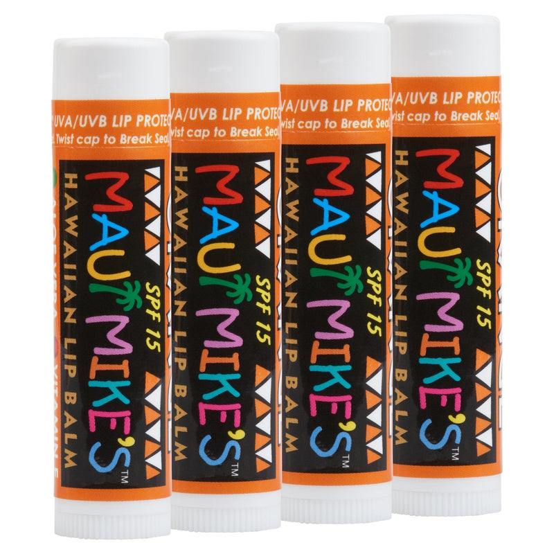 Maui Mike's Lip Balm SPF-15 (4 Pack, Orange) Vitamin E, Aloe Vera and SPF-15 Sun Protection. Take Your Lips on a Hawaiian Vacation. 4 Pack - BeesActive Australia