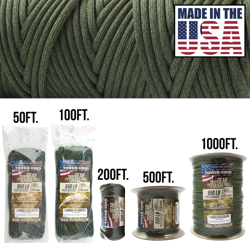 [AUSTRALIA] - TOUGH-GRID 550lb Paracord/Parachute Cord - 100% Nylon Genuine Mil-Spec Type III Paracord Used by The US Military - (MIL-C-5040-H) - Made in The USA. 100Ft. Camo Green 50Ft. (COILED IN BAG) 