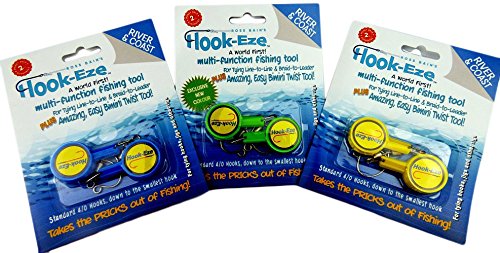 HOOK-EZE Fishing Gear Knot Tying Tool for Hooks Jigs Swivels | Line Cutter |Cover Hooks on Fishing Poles Travel Safely Fully Rigged. Ideal for Bass Ice Kayak Fishing Blue, Green, Yellow - BeesActive Australia
