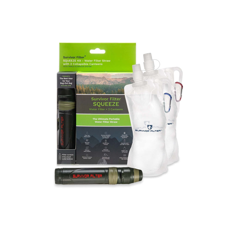 Survivor Filter Squeeze Water Filter Kit  Includes Personal Water Filter Straw & 2 Collapsible Water Bottle Canteens - BeesActive Australia