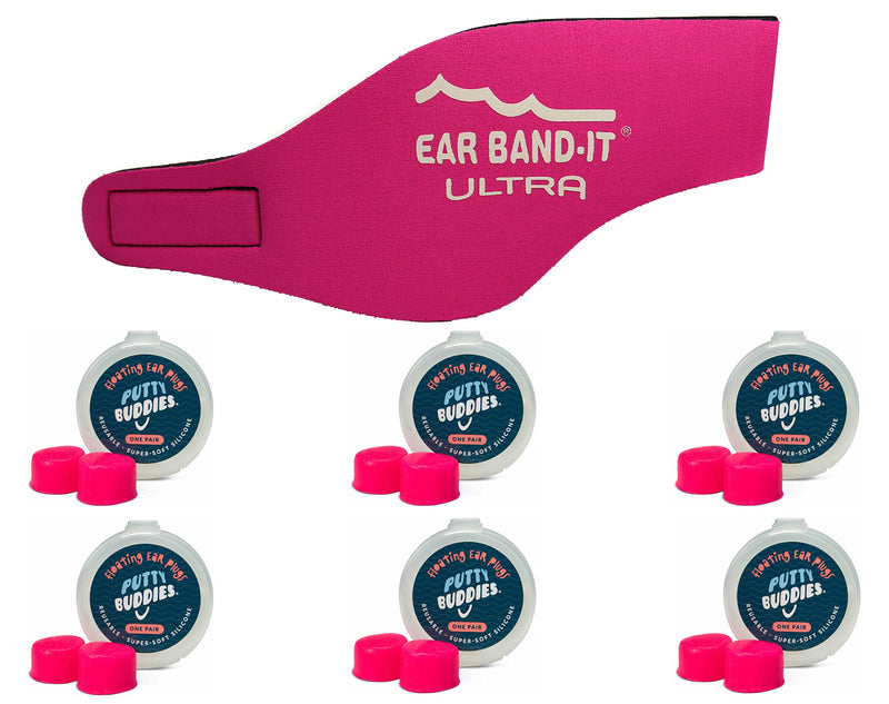 Ear Band-It Ultra Swimming Headband with Putty Buddies earplugs - 6 Pair Soft Silicone Premium Ear Plugs - The Best Swim Headband and Earplugs - Doctor Recommended Hot Pink Small (ages 3mo to 1yr) - BeesActive Australia