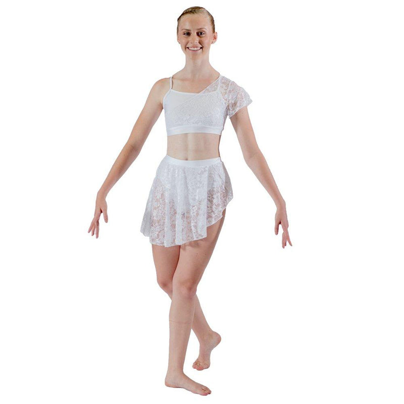 [AUSTRALIA] - HDW DANCE Women Lyrical 2 Pieces Dance Sets NylonLycra Crop Top and Shorts Lace Overlay Medium White 