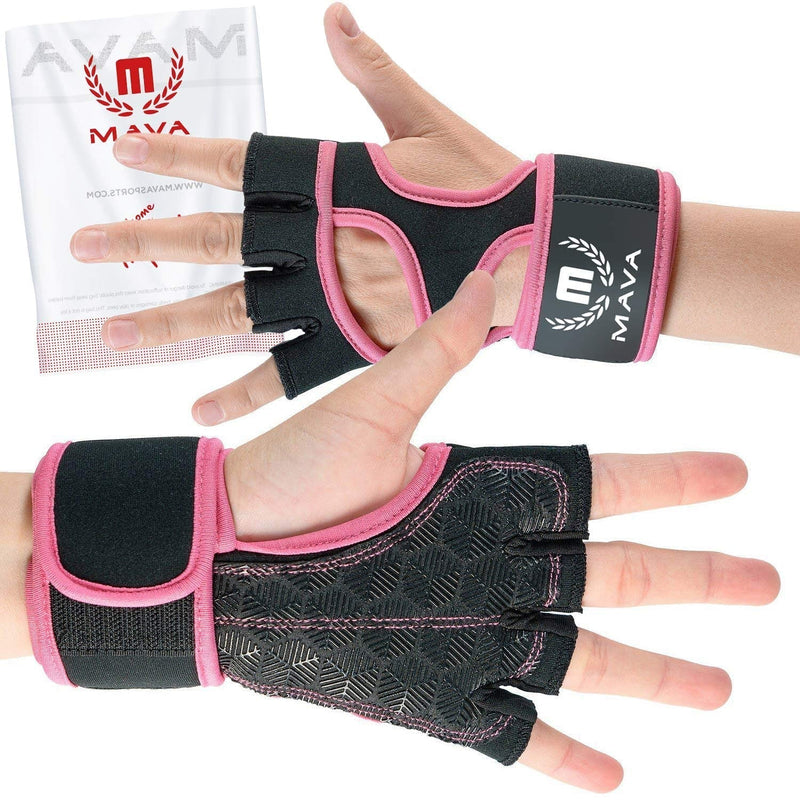 Cross Training Gloves with Wrist Support for Gym Workouts, WOD, Weightlifting & Fitness - Silicone Padded Workout Hand Grips Against Calluses with Integrated Wrist Wraps by Mava Pink Small - BeesActive Australia
