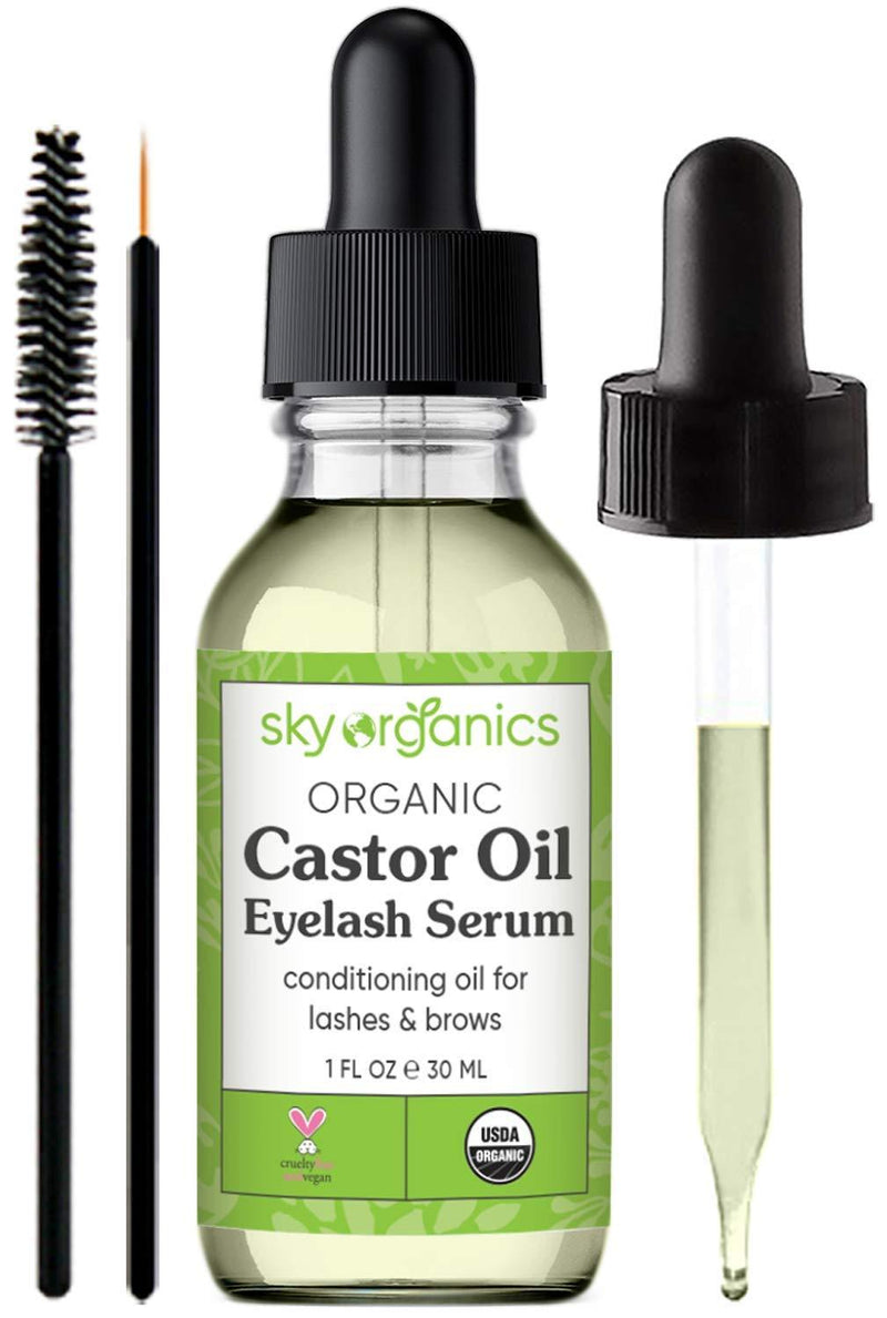 Organic Castor Oil Eyelash Serum by Sky Organics (1 oz) USDA Organic Cold-Pressed 100% Pure Castor Oil Natural Eyelash Serum Hexane-free Castor Oil with Mascara Brushes for Eyelashes and Eyebrows 1 Fl Oz (Pack of 1) - BeesActive Australia