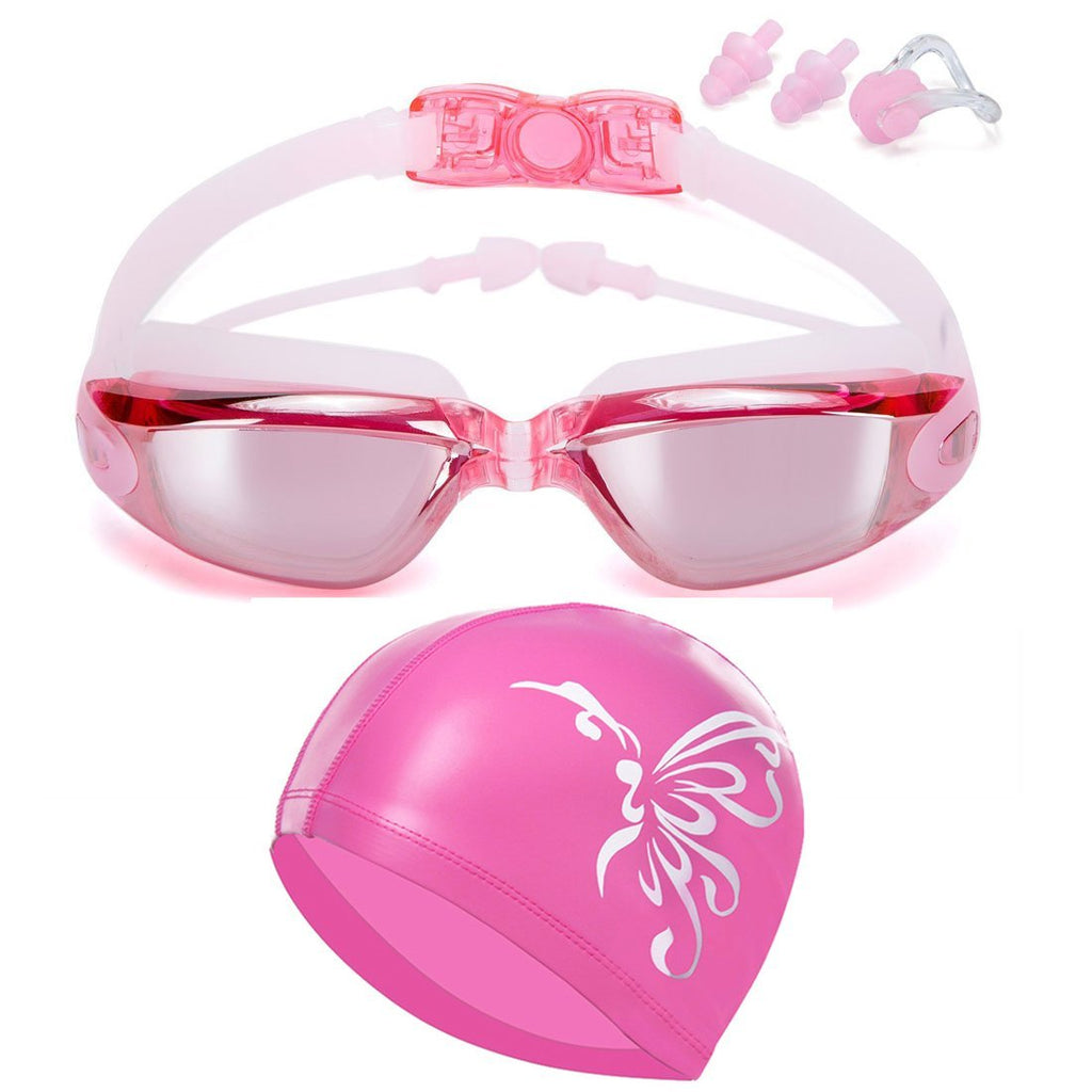 [AUSTRALIA] - Givovanni Swim Goggles + Swim Cap, Swimming Goggles No Leaking Anti Fog UV Protection Triathlon Swim Goggles + Nose Clip + Ear Plugs for Adult Men Women Girls Youth Kids Child Pink 