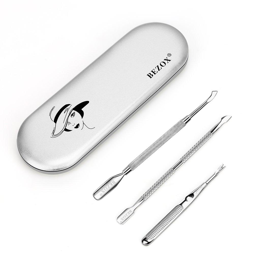 BEZOX Cuticle Pushers and Undernail Cleaner Tool Kit - Stainless Steel Dual Ended Nail Polish Pusher - Angled Cuticle Trimmer and Cuticle Fork - Pack of 3 W/Tin Storage Box Set of 3 - BeesActive Australia