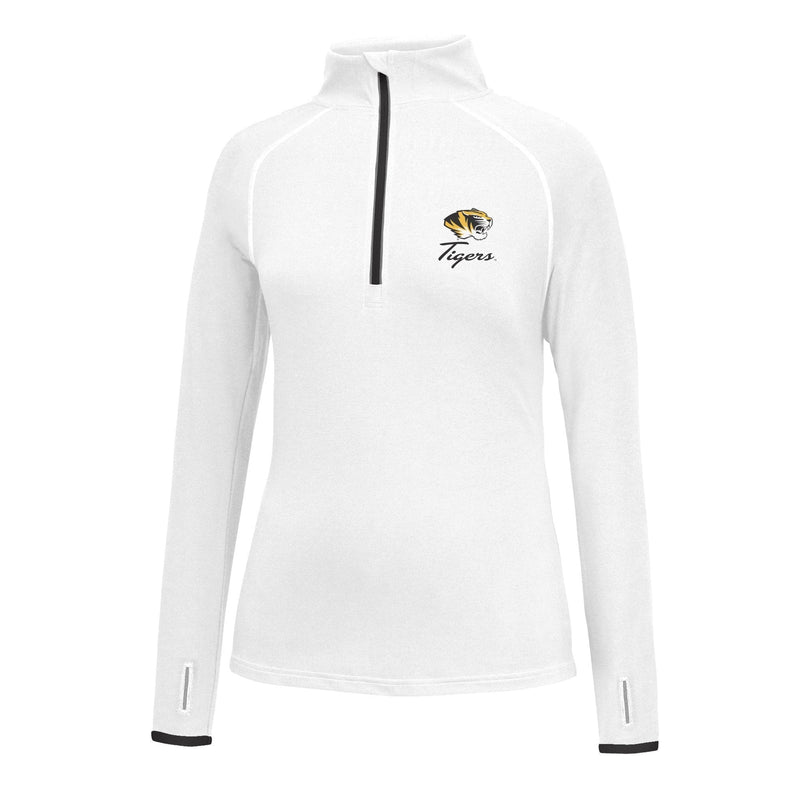 J. America NCAA Womens Script Logo Power Through Poly 1/2 Zip Sweater Missouri Tigers Small White/Black - BeesActive Australia