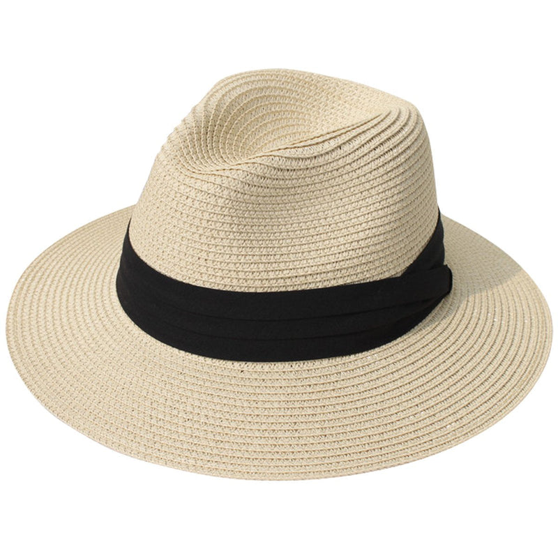 Lanzom Women Wide Brim Straw Panama Roll up Hat Belt Buckle Fedora Beach Sun Hat UPF50+ 01-fold Belt Khaki One Size - BeesActive Australia