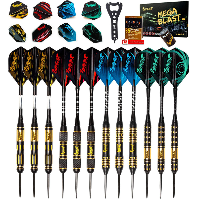 IgnatGames Darts Metal Tip Set - Professional Darts with Stylish Case and Darts Guide, Steel Tip Darts Set with Aluminum Shafts + Rubber O'Rings + Extra Flights + Dart Sharpener and Wrench Multicolor - Mega Blast - BeesActive Australia