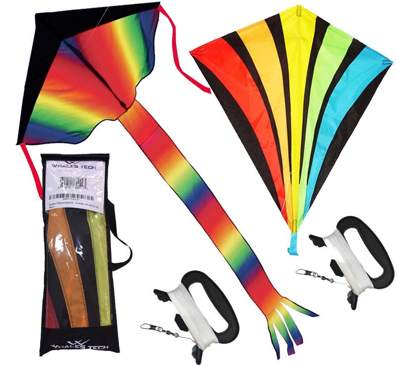 [AUSTRALIA] - Rainbow Delta and Diamond Kite (2sets) Kite for Kids Kite for Adults Easy Flying with Tail Flyer line and Handle Perfect for Outdoor Fun Beach Toys and Park Sports Comes with Carrying Bag 