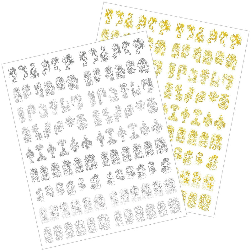 Mudder 216 Pieces 3D Flower Nail Art Stickers Decals Self-adhesive Nail Tips Decorations, 2 Sheet (Silver and Gold) - BeesActive Australia