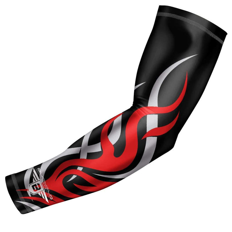 [AUSTRALIA] - Bucwild Sports Flame Compression Arm Sleeve Youth/Kids & Adult Sizes - Baseball Basketball Football Running - UV/Sun Protection Cooling Base Layer Pain Relief (1 Sleeve) Black Red Silver Youth Large (1 Arm Sleeve) 