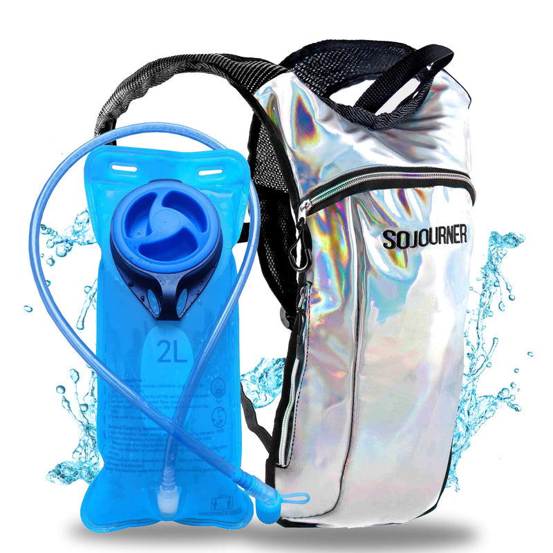 Sojourner Hydration Pack, Hydration Backpack - Water Backpack with 2l Hydration Bladder, Festival Essential - Rave Hydration Pack Hydropack Hydro for Hiking, Running, Biking, Festival Gear Holographic - Silver - BeesActive Australia