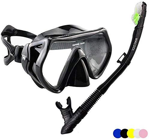 [AUSTRALIA] - WACOOL Snorkeling Package Set for Adults, Anti-Fog Coated Glass Diving Mask, Snorkel with Silicon Mouth Piece,Purge Valve and Anti-Splash Guard. Black 