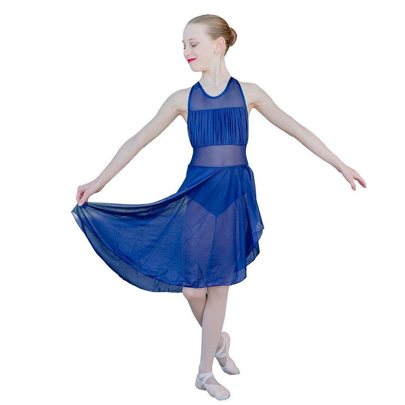[AUSTRALIA] - HDW DANCE Girl's Lyrical Dance Dress Halter Leotard with Mesh Overlay Skirts Medium Navy Blue 