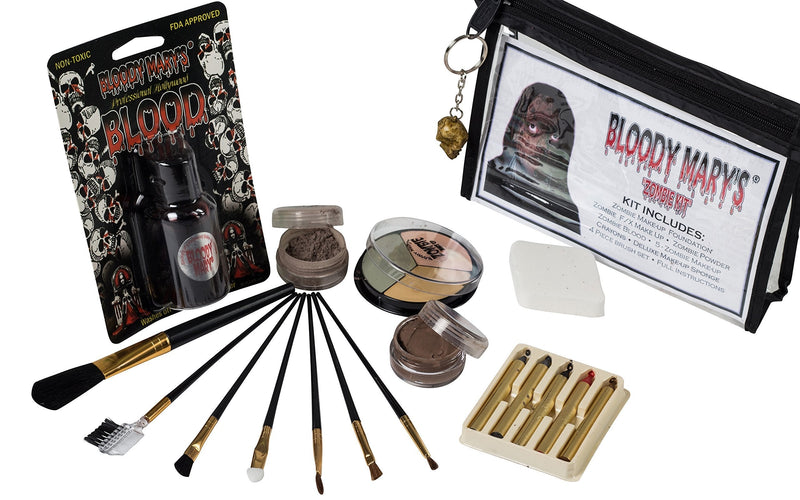 Zombie Makeup Kit By Bloody Mary - Halloween Costume Special Effects Palette - Walking Dead FX Makeup Tools - 5 Crayons, Blood, Setting Powder, 4 Application Brushes, 1 Sponge - Carrying Case Included - BeesActive Australia