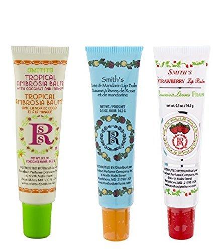 Rosebud Perfume Co. Tube 3 Pack: Tropical Ambrosia Balm, Rose & Mandarin Lip Balm, Strawberry Lip Balm Mango,Strawberry - BeesActive Australia