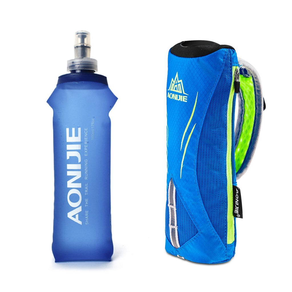 [AUSTRALIA] - Geila Handheld Water Bottle for Running, 17 oz Grip Handheld Bottle with Hand Strap Hydration Pack, BPA Free Sport Soft Flask Blue+500ML Soft Flask 