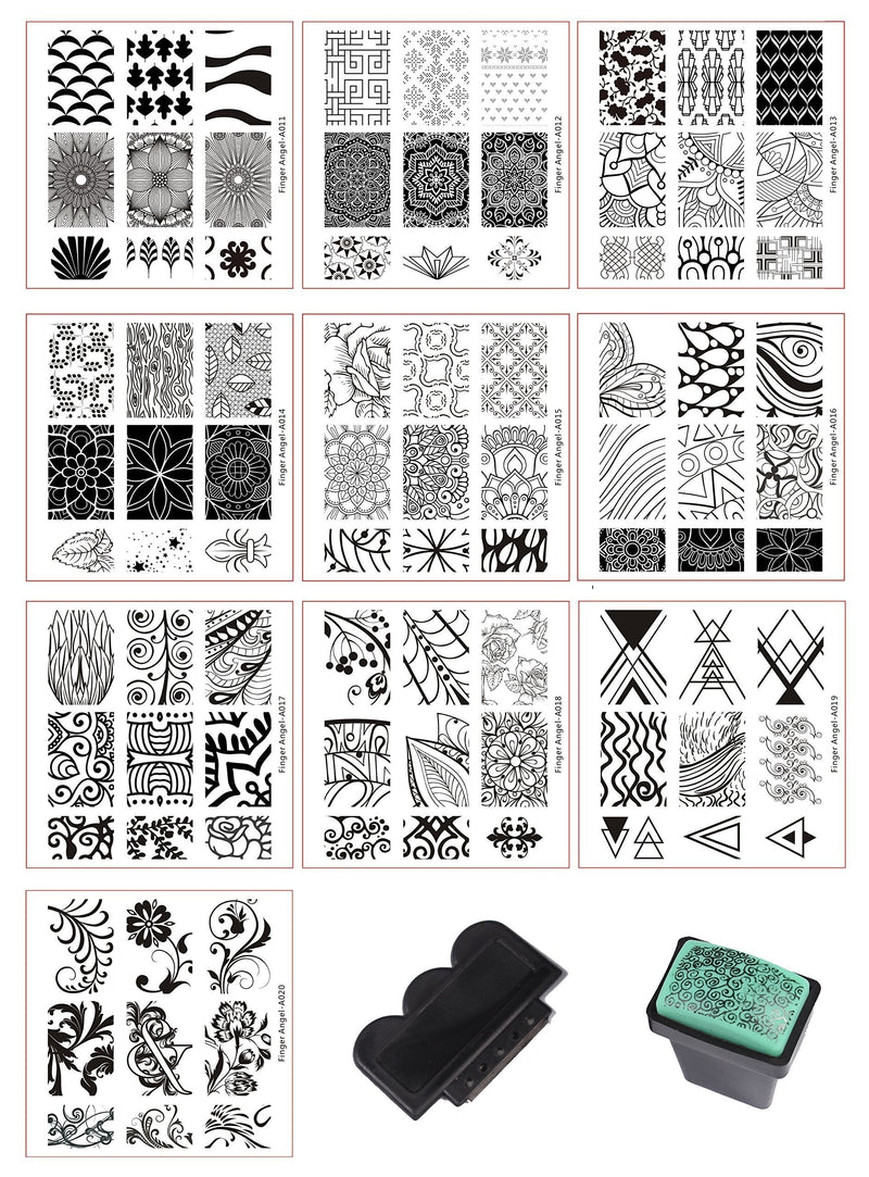 BeautyLeader Mix 10 Designs Nail Plates +1 Pcs Nail Art Stamper + 1 Scraper Nail Art Image Stamp Stamping Plates Manicure Template Nail Art Tools (A011-020) A011-020 - BeesActive Australia