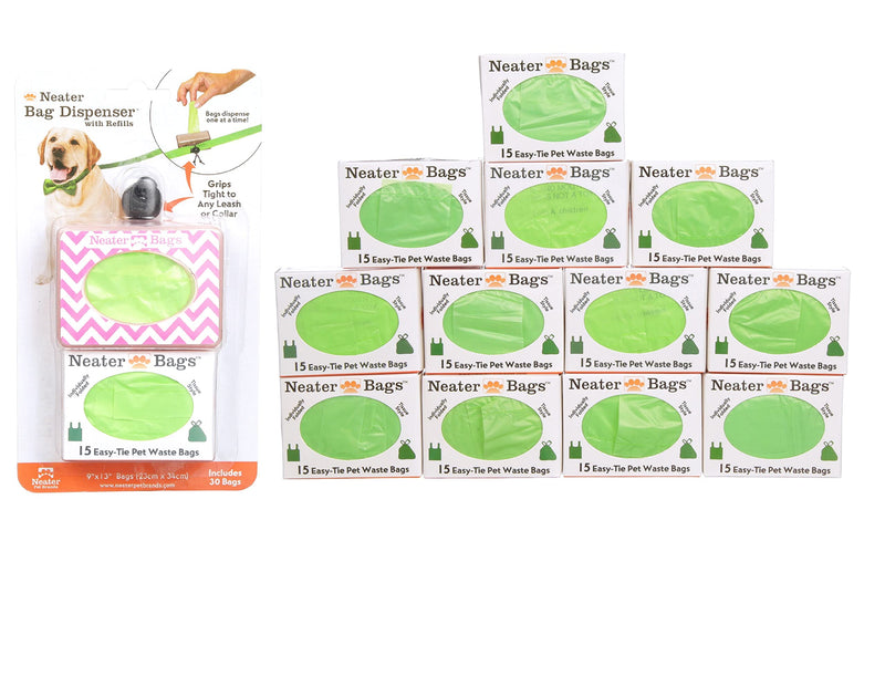 Neater Pets Neater Bags - Dog Waste Poop Bags - Dispense One at a Time Like Tissues - No Rolls to Fuss With - Easy-Tie Handles - Dispenser Attaches to any Leash (210 Bags, Chevron Pink) 210 Bags + Pink Dispenser - BeesActive Australia