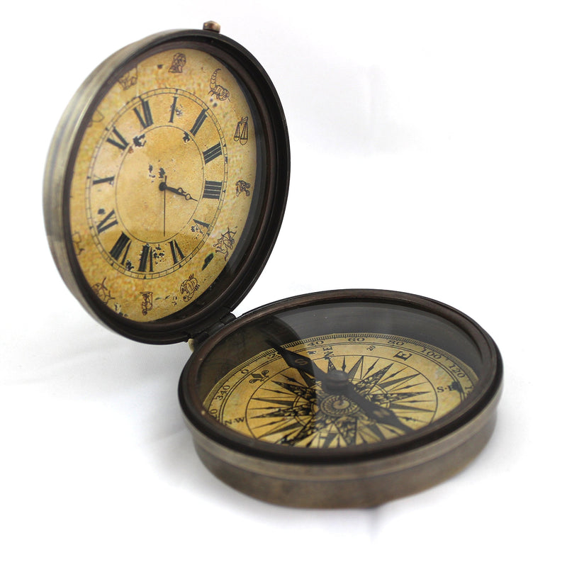 Nautical Ship Compass Wooden Box Compass & Watch Vintage Gift Round - BeesActive Australia