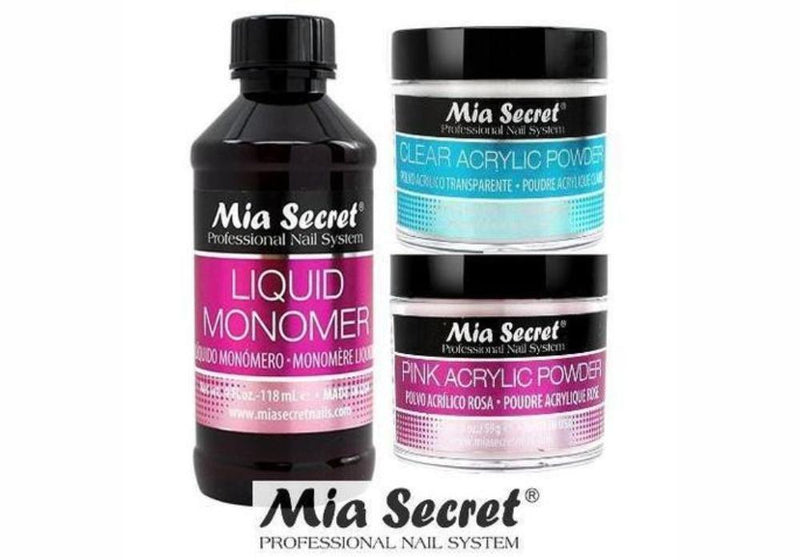 MIA SECRET LIQUID MONOMER 4oz + 2oz Acrylic Powder Pink & 2 oz Clear - Made in USA - BeesActive Australia