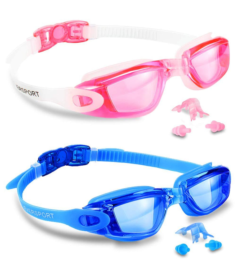 [AUSTRALIA] - EverSport Swim Goggles, Pack of 2 Swimming Goggles, Swim Glasses No Leaking Anti Fog UV Protection for Adult Men Women Youth Kids Child, Shatter-Proof, Watertight, Triathlon Goggle Mirrored/Clear Lens Blue & Pink 