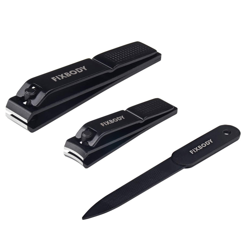FIXBODY Nail Clipper Set – Black Stainless Steel Fingernails & Toenails Clippers & Nail File Sharp Nail Cutter with Leather Case, Set of 3 (Straight & Curved) - BeesActive Australia