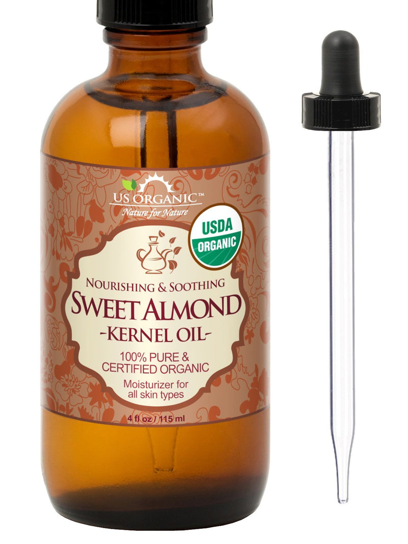 New_US Organic Sweet Almond Kernel Oil, USDA Certified Organic,100% Pure & Natural, Cold Pressed Virgin, Unrefined in Amber Glass Bottle w/Glass Eyedropper for Easy Application (4 oz (115 ml)) 4 Fl Oz (Pack of 1) - BeesActive Australia