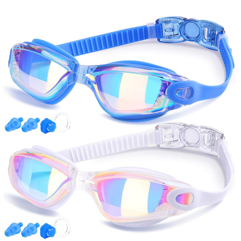 [AUSTRALIA] - Swim Goggles, Swimming Goggles for Adult Men Women Youth Kids Child & Teen, Swim Glasses No Leaking Anti Fog Triathlon, with Mirrored & Waterproof, Clear Lenses, 2 Pack 3.Blue w/ UltraMirrored lens&White UltraMirrored lens 