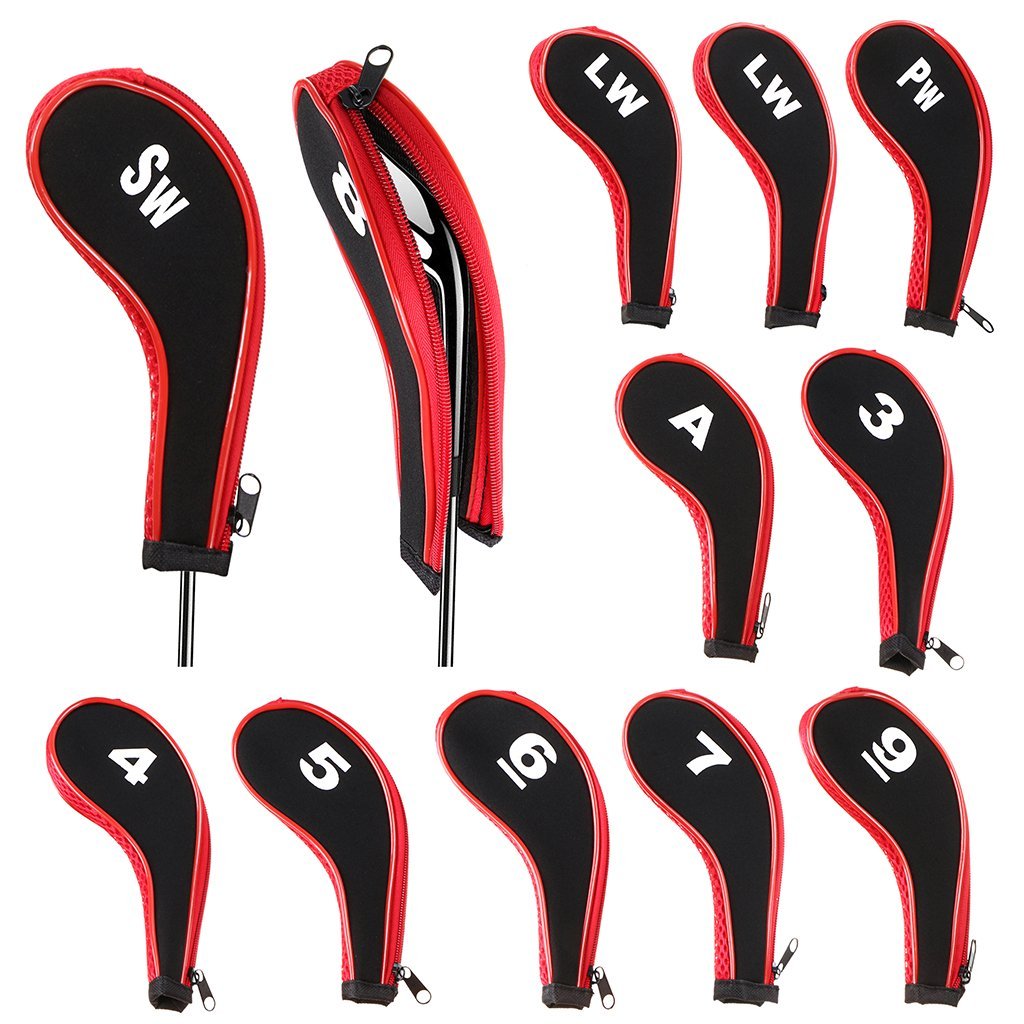 Hipiwe Number Print Golf Club Irons Covers Neoprene Zippered Driver Head Cover with Long Neck-Set of 12 Red - BeesActive Australia