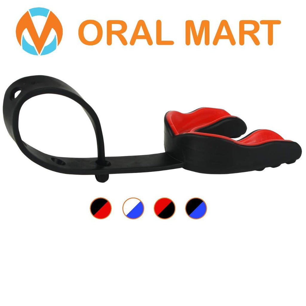 [AUSTRALIA] - Oral Mart Sports Mouth Guard with Strap (6 Best Colors & USA Flag) (Football/Lacrosse/Ice Hockey) - Strapped Mouthguard for Football, Ice Hockey, Lacrosse, College Football (/w Vented Case) Red Blaze Adult (Age 11 & Up) 